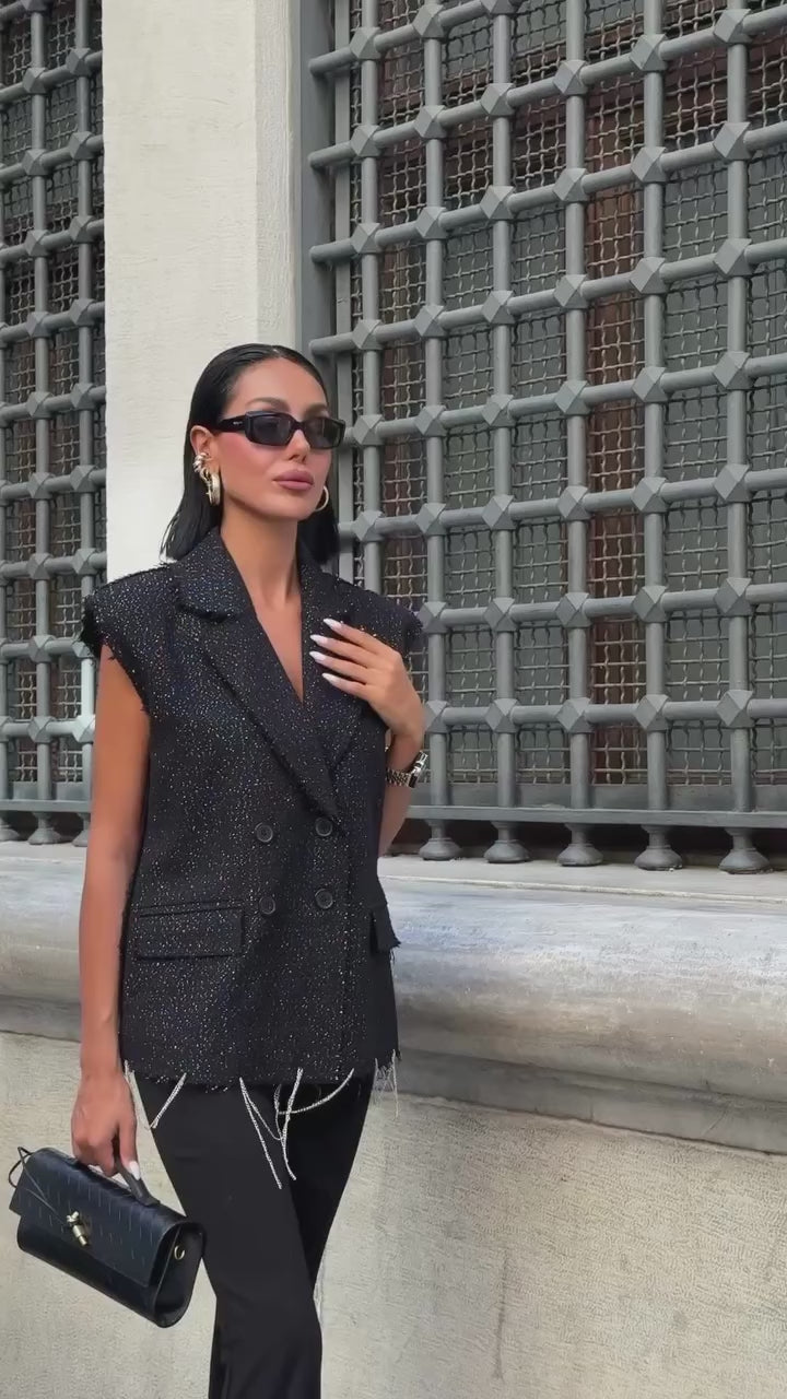 Parıltılı Tweed Kolsuz Blazer Yelek - Kruvaze Gösterişli Üst – Beyaz