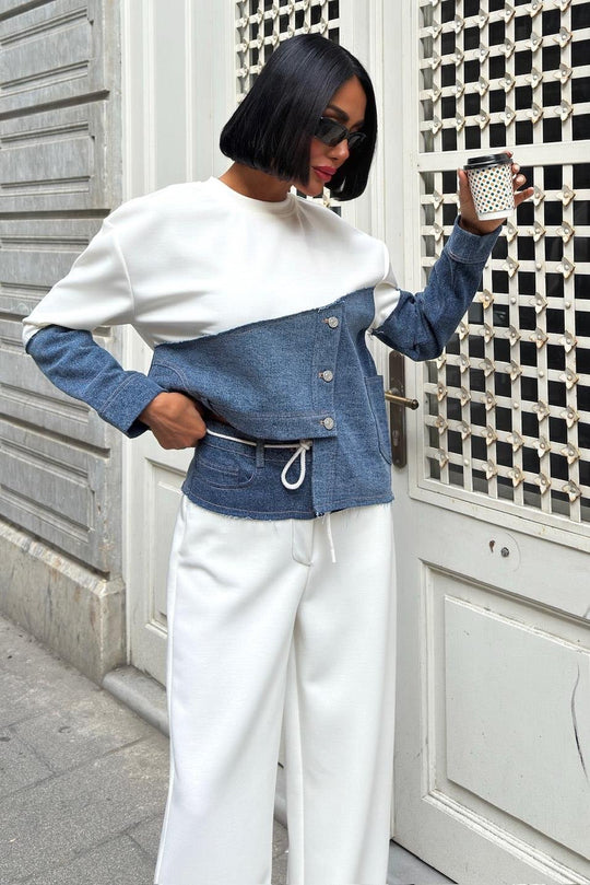 Kot Detaylı İki Renkli Modal Sweatshirt ve Geniş Paça Pantolon Takımı – Lacivert