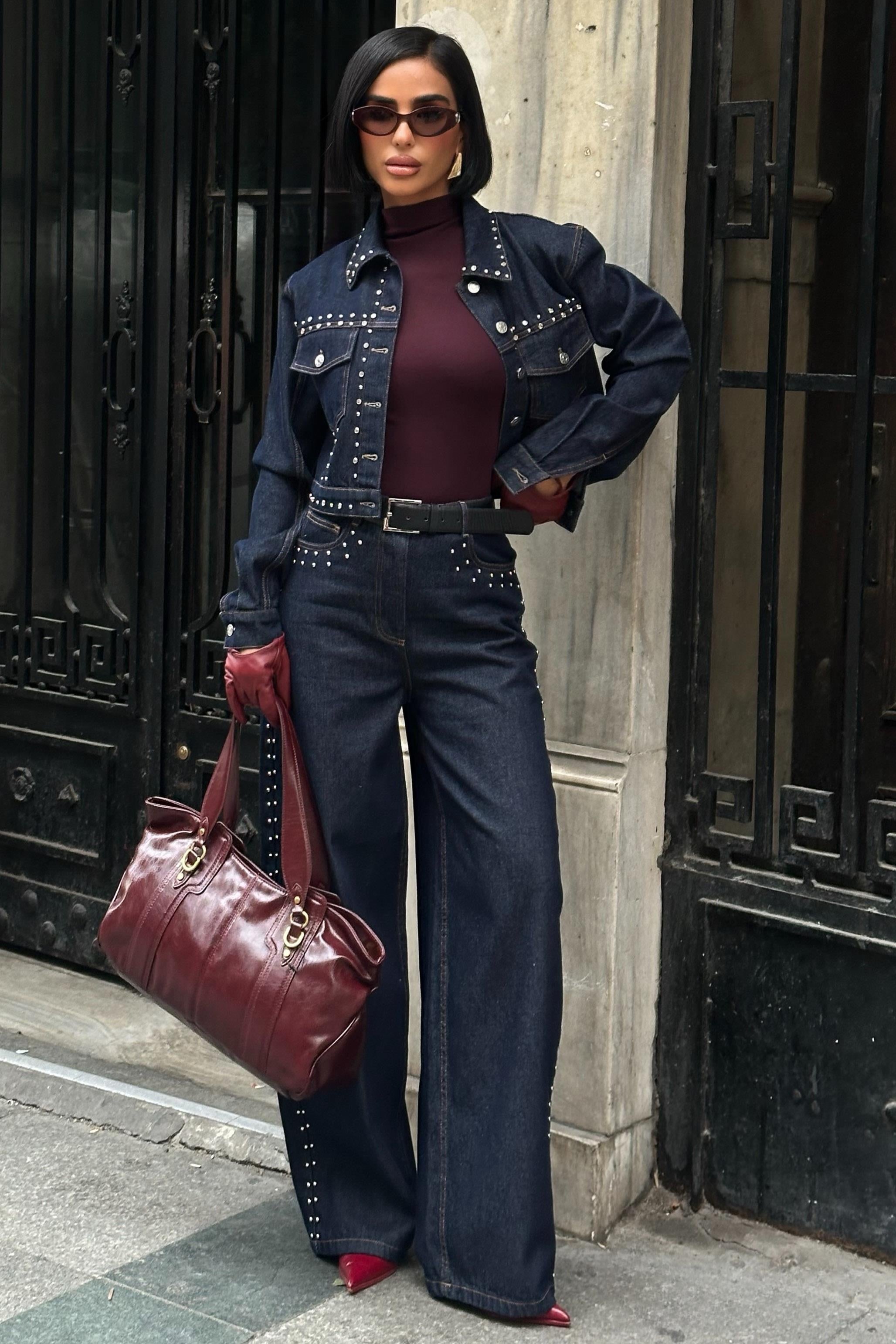 ✨ Taş Detaylı Denim Ceket ve Geniş Paça Pantolon Takım – %100 Pamuk Premium Takım