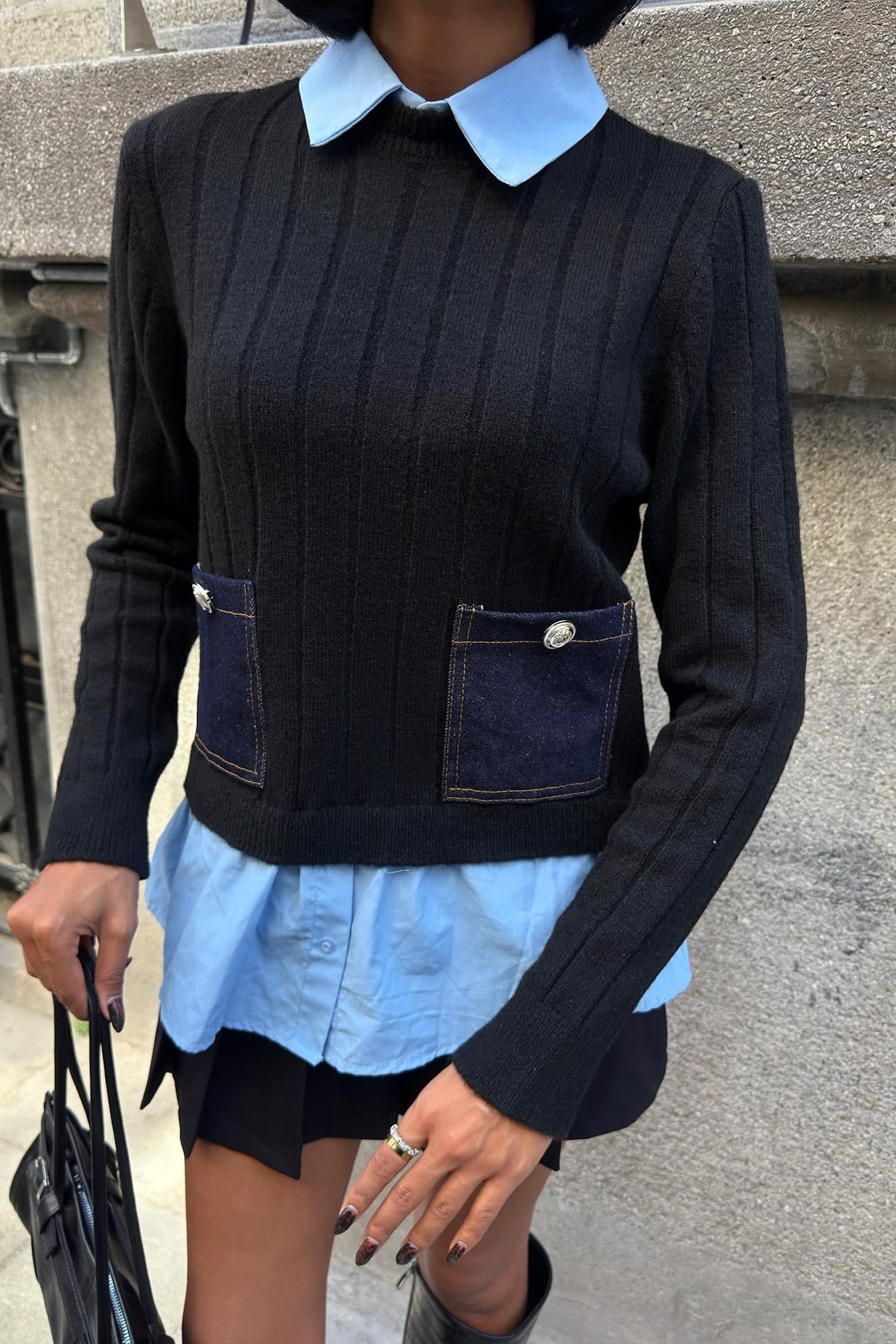 ✨ Poplin ve Denim Garnili Triko Kazak – Katmanlı Görünümlü Şık Günlük Kazak – Siyah