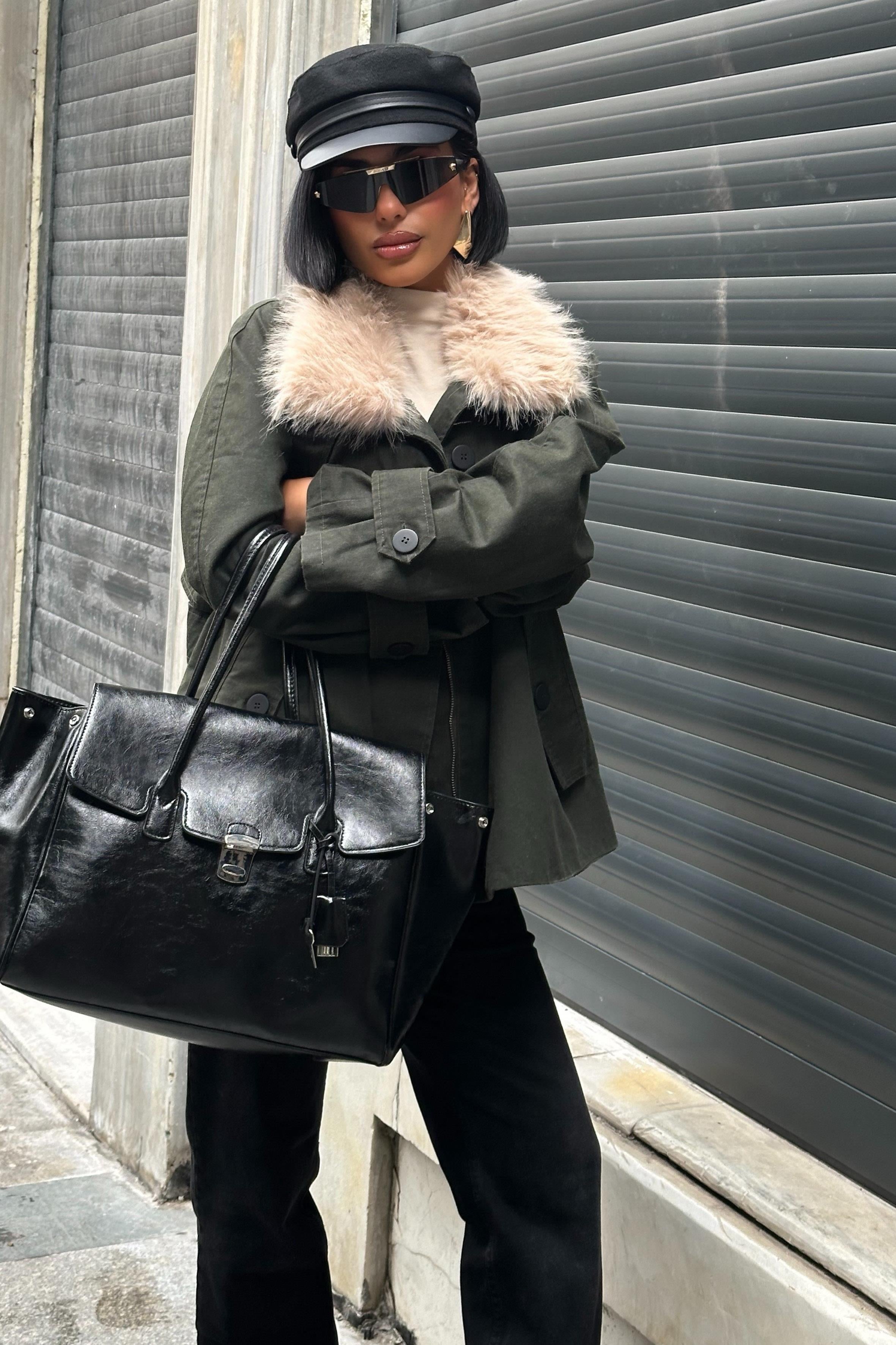 Kürk Yakalı Oversize Ceket – Premium Günlük Şıklık – Yeşil