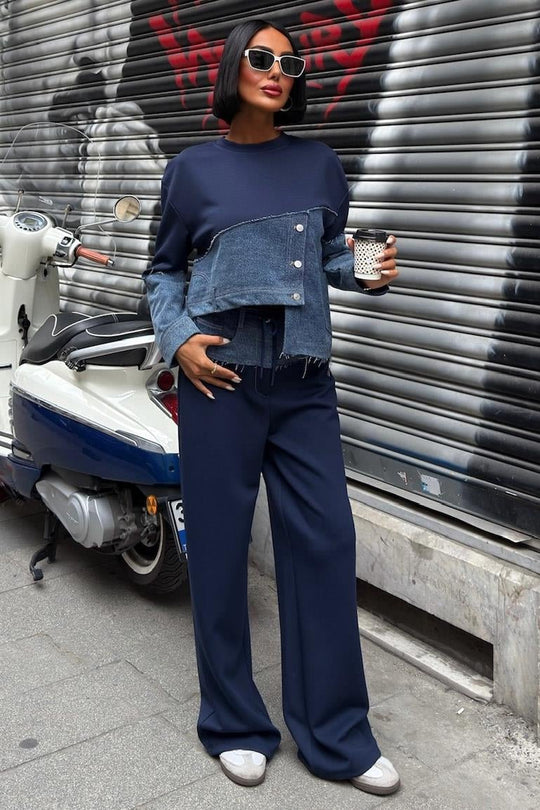 Kot Detaylı İki Renkli Modal Sweatshirt ve Geniş Paça Pantolon Takımı – Lacivert