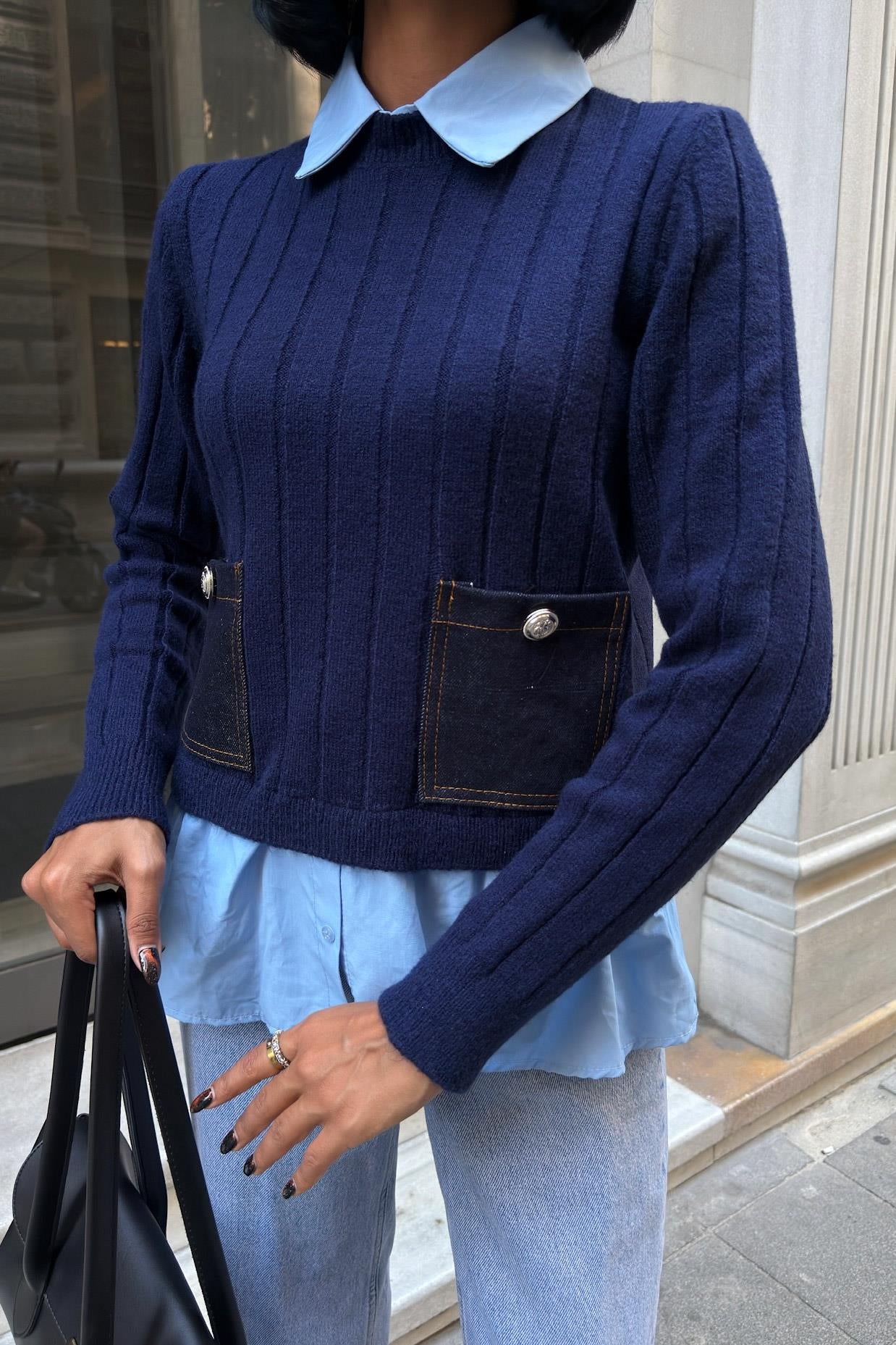 ✨ Poplin ve Denim Garnili Triko Kazak – Katmanlı Görünümlü Şık Günlük Kazak – Lacivert