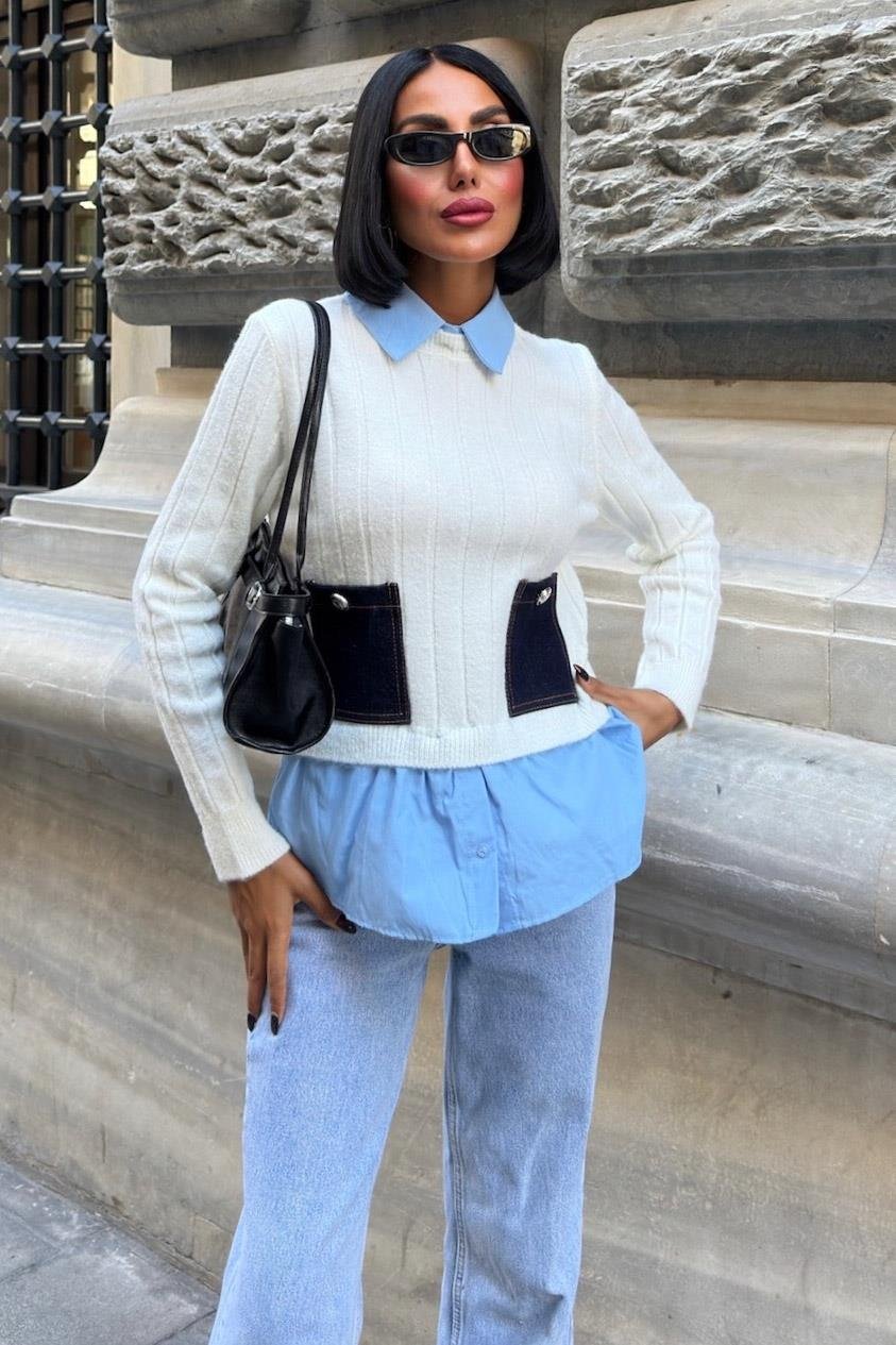 ✨ Poplin ve Denim Garnili Triko Kazak – Katmanlı Görünümlü Şık Günlük Kazak – Beyaz