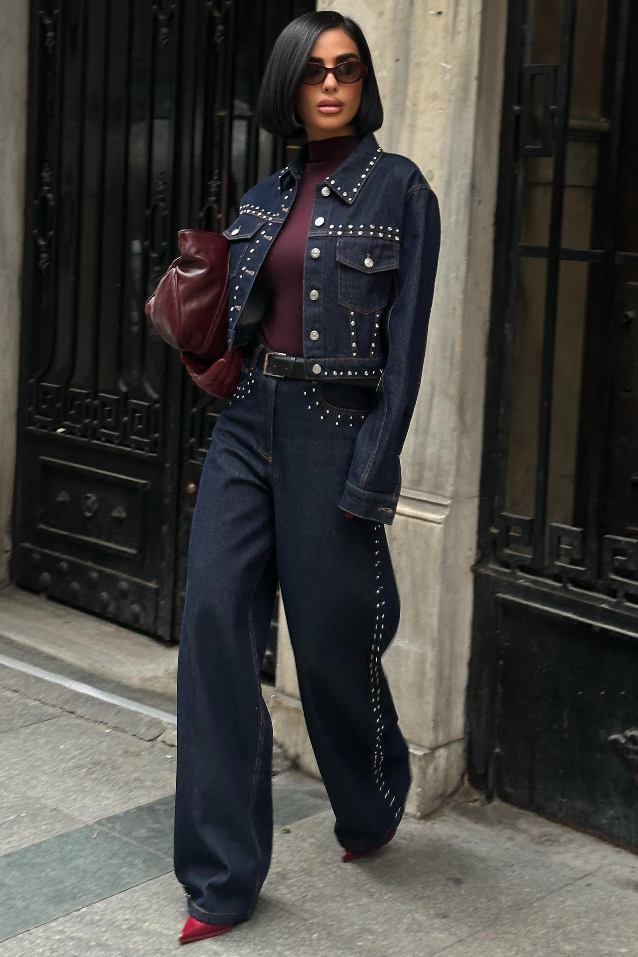 ✨ Taş Detaylı Denim Ceket ve Geniş Paça Pantolon Takım – %100 Pamuk Premium Takım