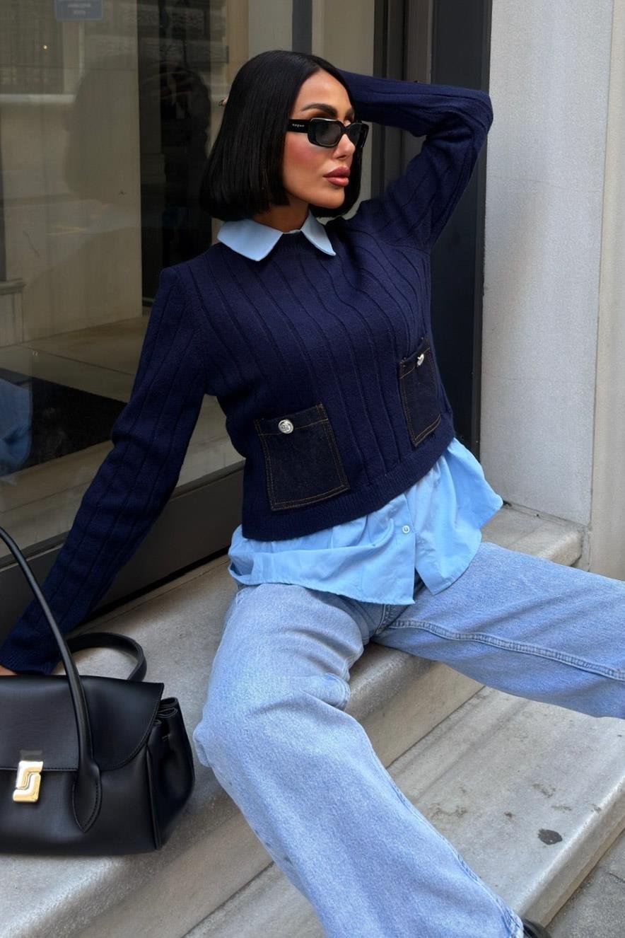 ✨ Poplin ve Denim Garnili Triko Kazak – Katmanlı Görünümlü Şık Günlük Kazak – Lacivert