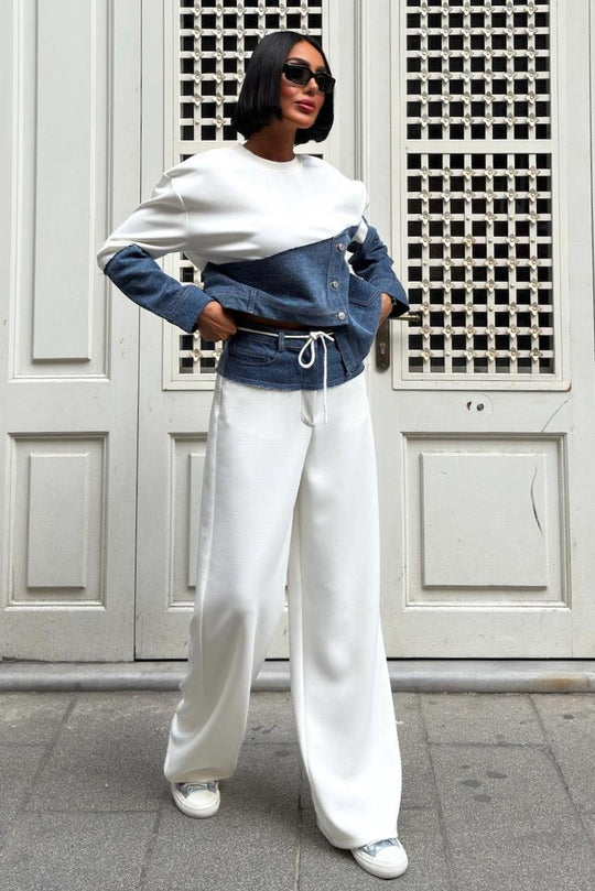 Kot Detaylı İki Renkli Modal Sweatshirt ve Geniş Paça Pantolon Takımı – Lacivert
