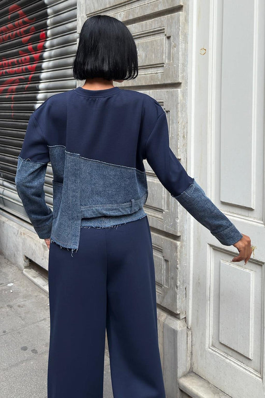 Kot Detaylı İki Renkli Modal Sweatshirt ve Geniş Paça Pantolon Takımı – Lacivert