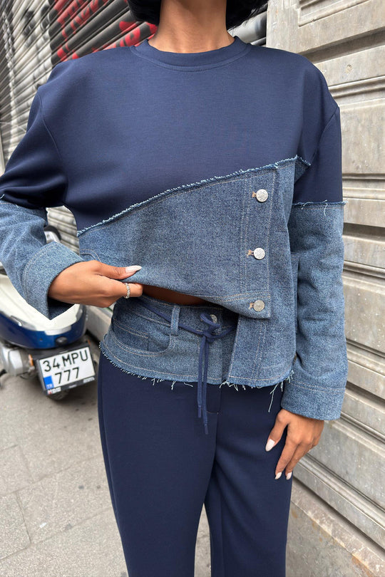 Kot Detaylı İki Renkli Modal Sweatshirt ve Geniş Paça Pantolon Takımı – Lacivert
