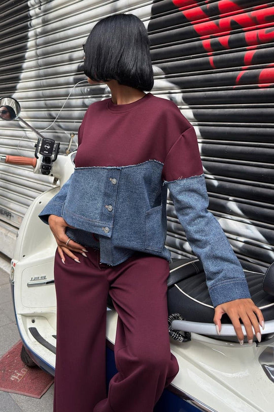 Kot Detaylı İki Renkli Modal Sweatshirt ve Geniş Paça Pantolon Takımı – Lacivert