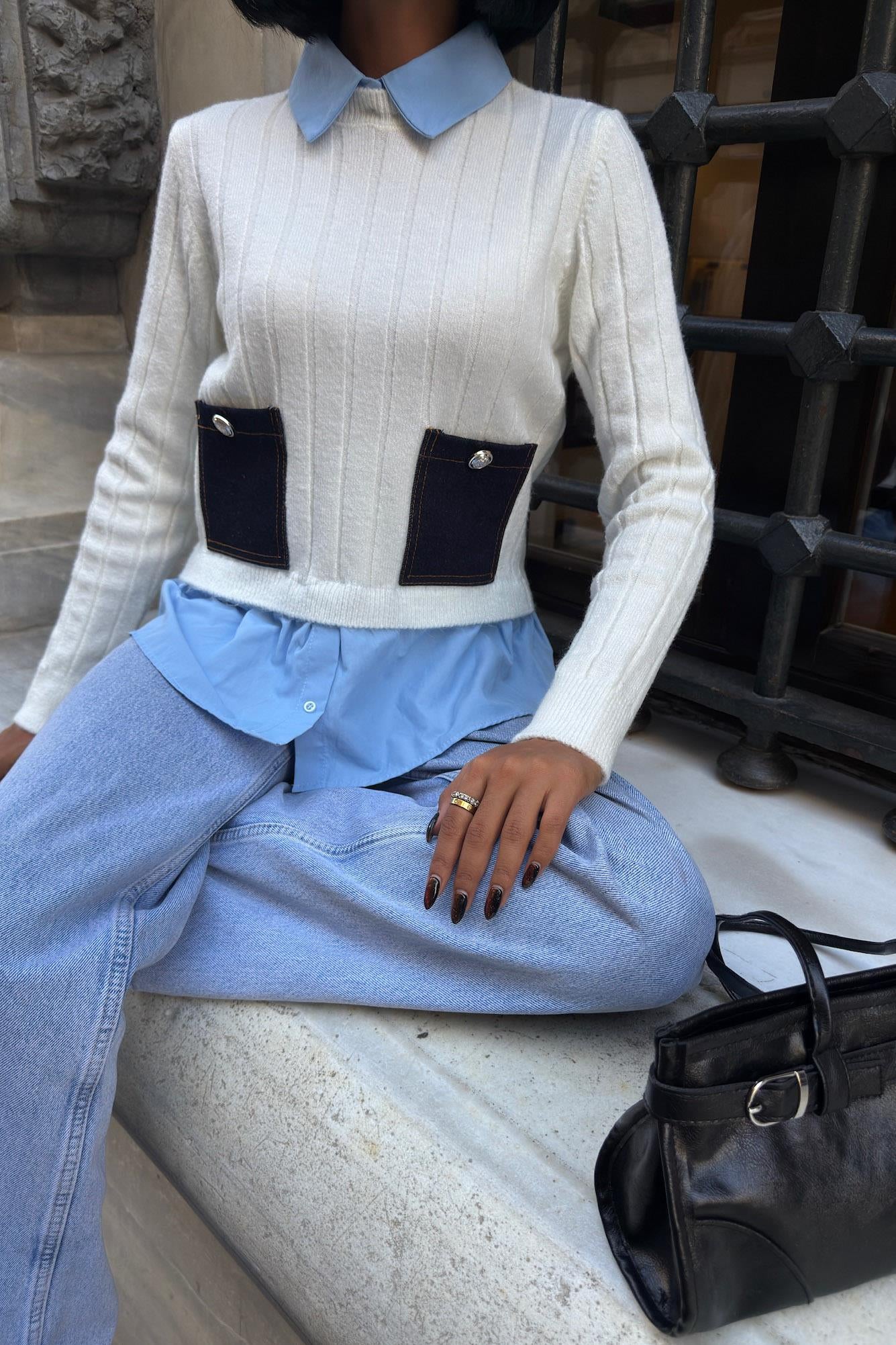 ✨ Poplin ve Denim Garnili Triko Kazak – Katmanlı Görünümlü Şık Günlük Kazak – Beyaz