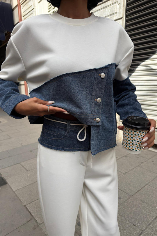 Kot Detaylı İki Renkli Modal Sweatshirt ve Geniş Paça Pantolon Takımı – Lacivert