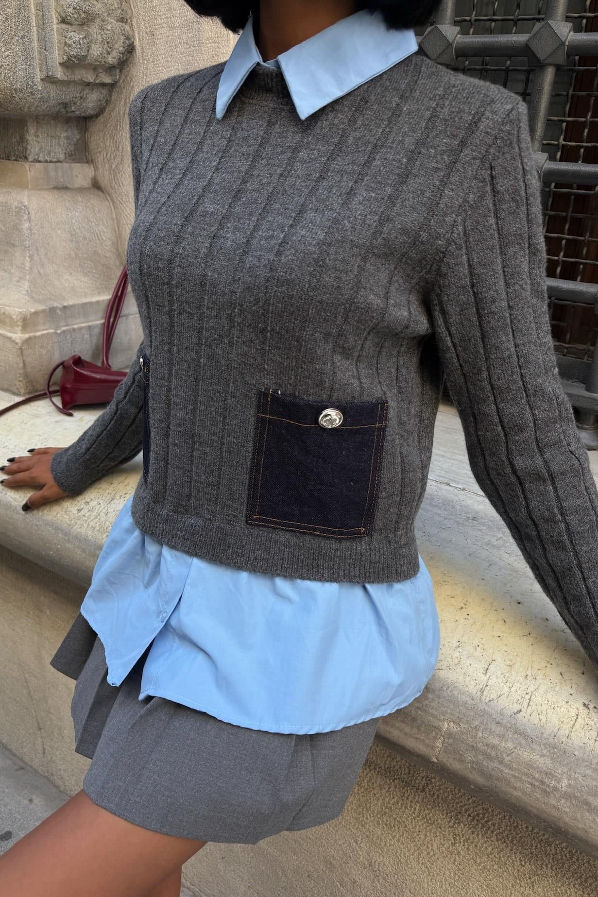 ✨ Poplin ve Denim Garnili Triko Kazak – Katmanlı Görünümlü Şık Günlük Kazak – Gri