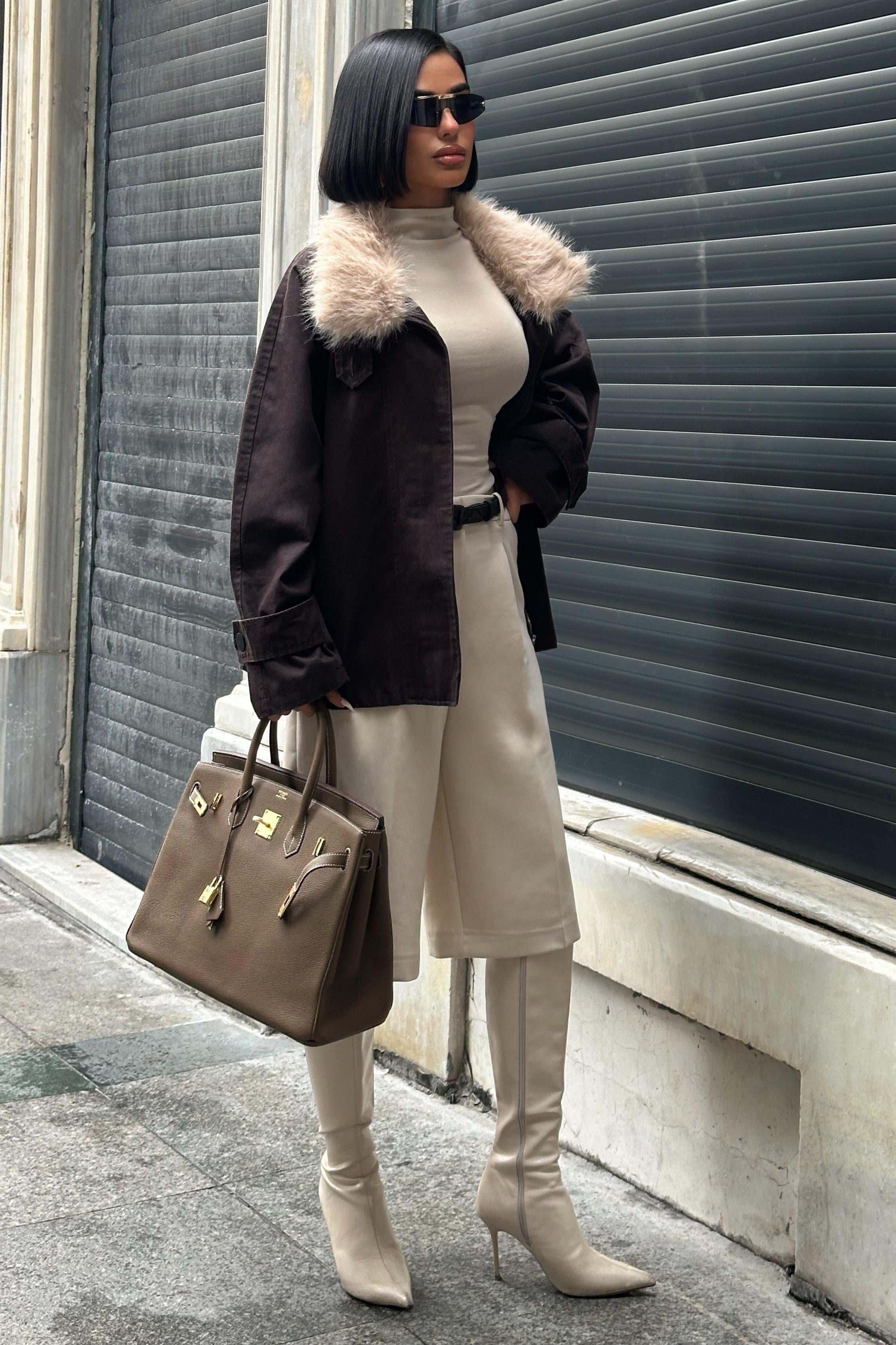 Kürk Yakalı Oversize Ceket – Premium Günlük Şıklık – Kahverengi