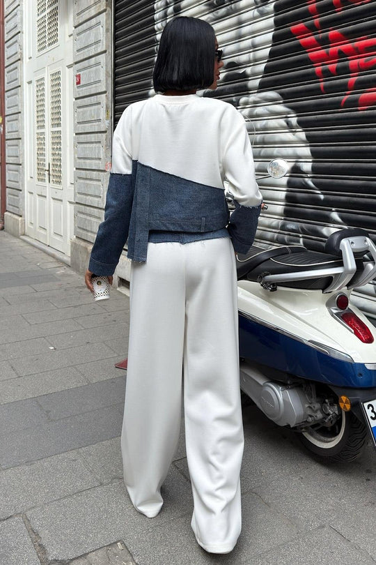 Kot Detaylı İki Renkli Modal Sweatshirt ve Geniş Paça Pantolon Takımı – Lacivert