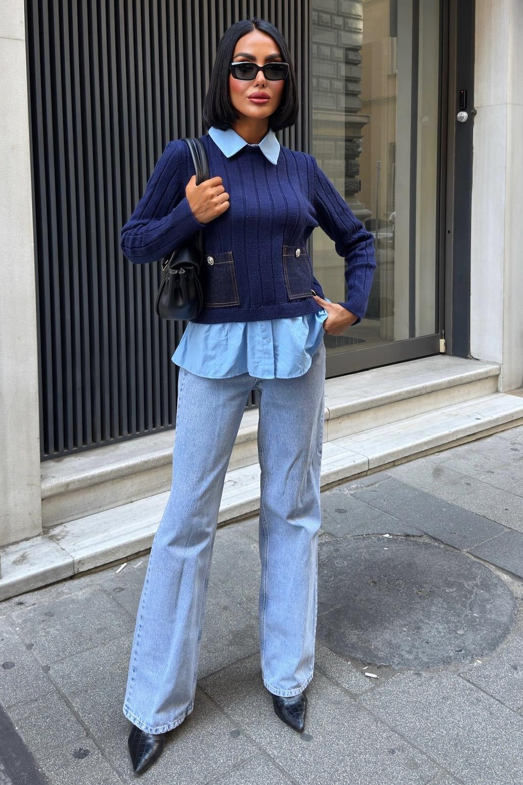 ✨ Poplin ve Denim Garnili Triko Kazak – Katmanlı Görünümlü Şık Günlük Kazak – Lacivert