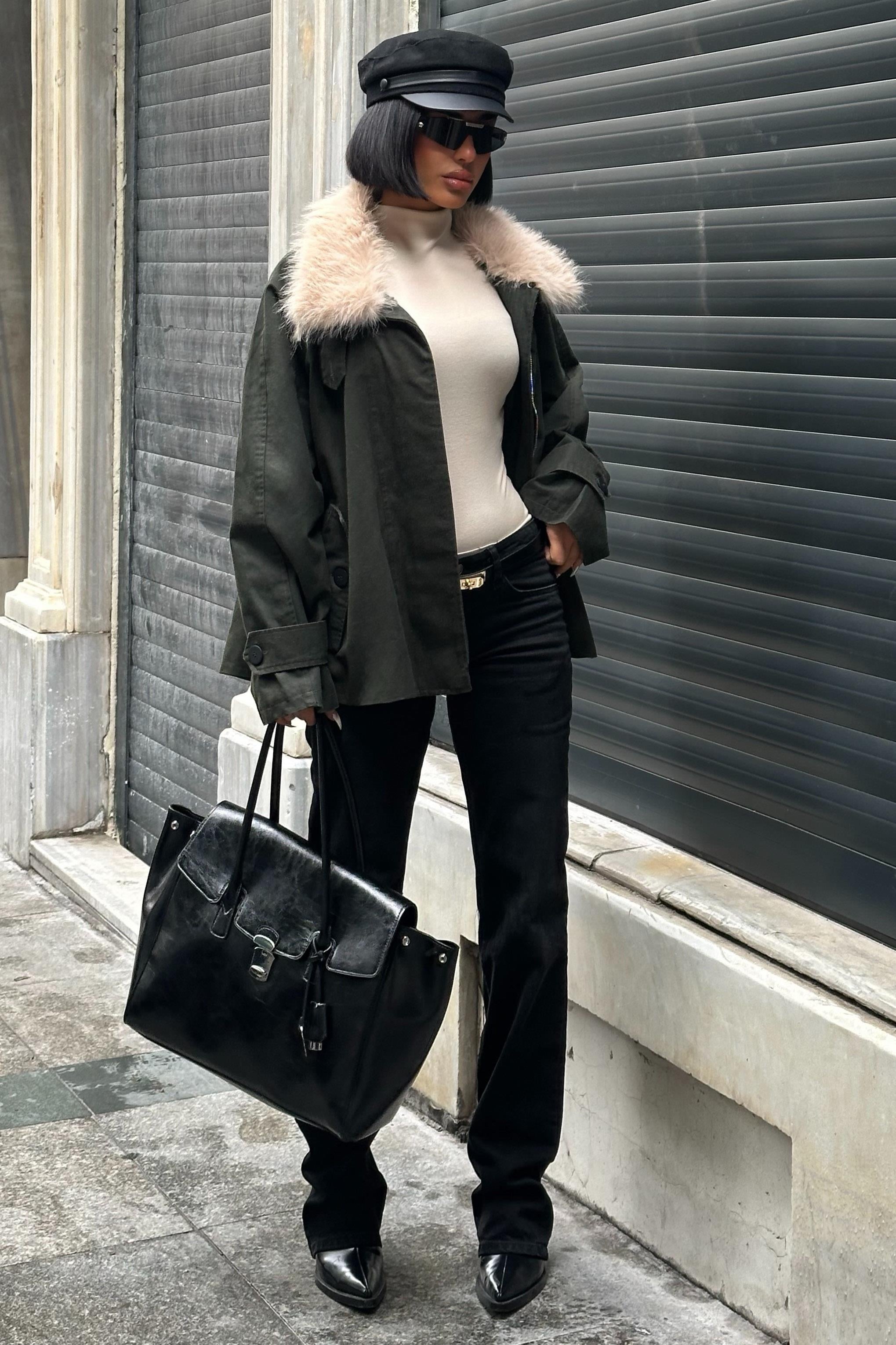 Kürk Yakalı Oversize Ceket – Premium Günlük Şıklık – Yeşil