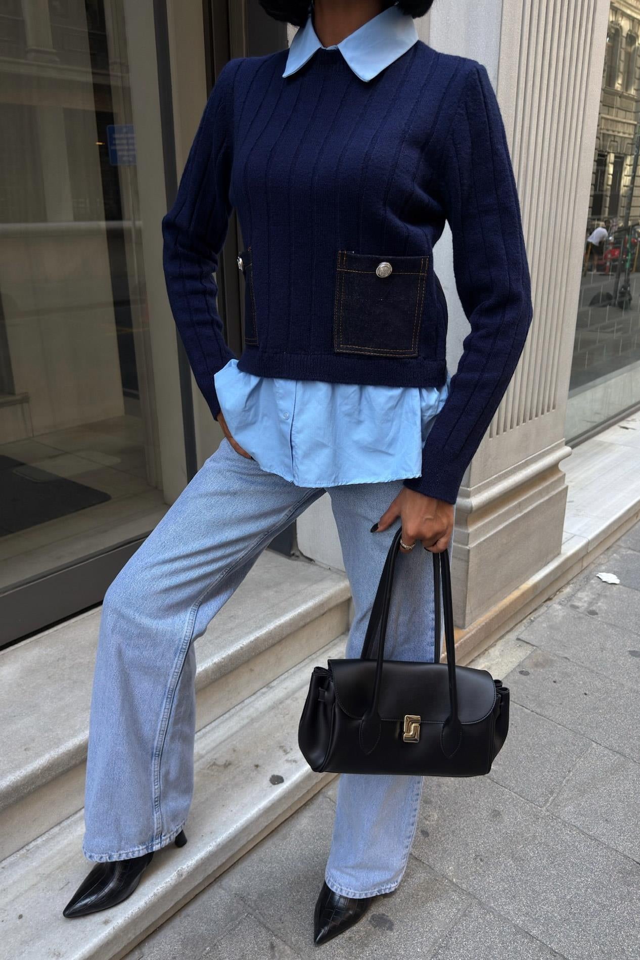 ✨ Poplin ve Denim Garnili Triko Kazak – Katmanlı Görünümlü Şık Günlük Kazak – Gri