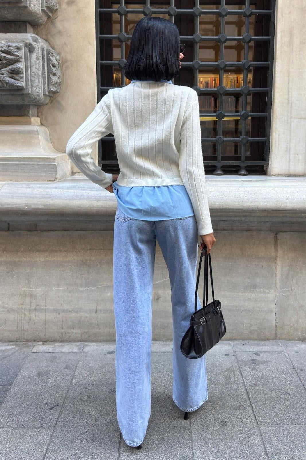 ✨ Poplin ve Denim Garnili Triko Kazak – Katmanlı Görünümlü Şık Günlük Kazak – Gri