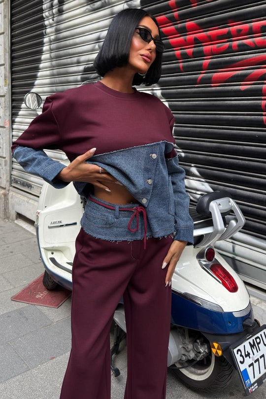 Kot Detaylı İki Renkli Modal Sweatshirt ve Geniş Paça Pantolon Takımı – Lacivert