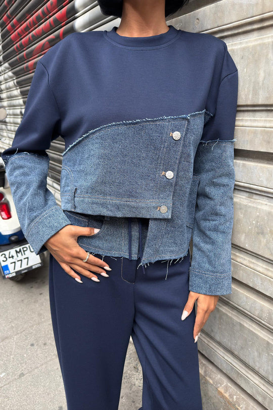Kot Detaylı İki Renkli Modal Sweatshirt ve Geniş Paça Pantolon Takımı – Lacivert