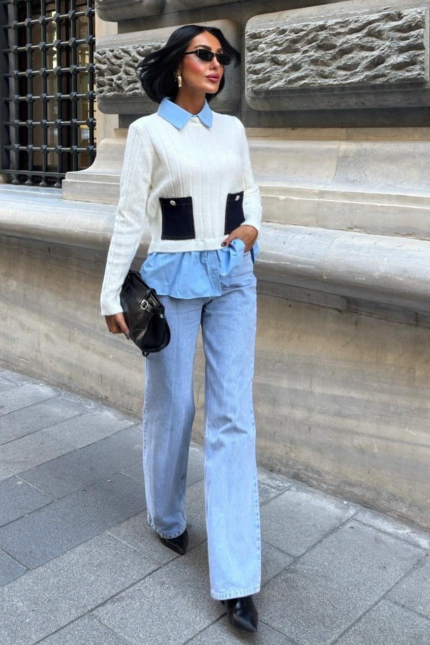 ✨ Poplin ve Denim Garnili Triko Kazak – Katmanlı Görünümlü Şık Günlük Kazak – Beyaz