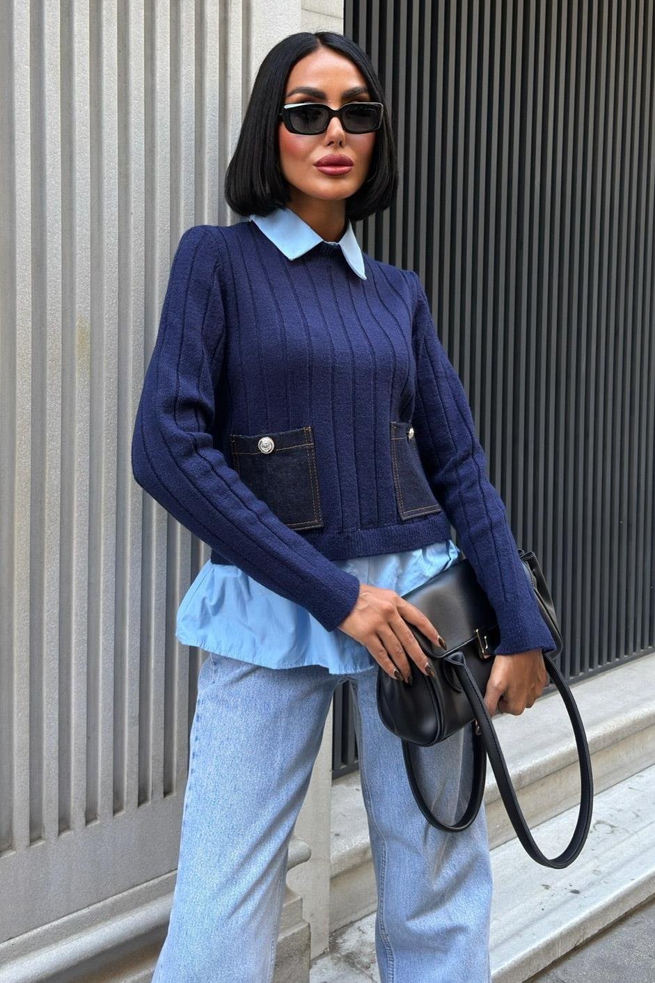 ✨ Poplin ve Denim Garnili Triko Kazak – Katmanlı Görünümlü Şık Günlük Kazak – Lacivert