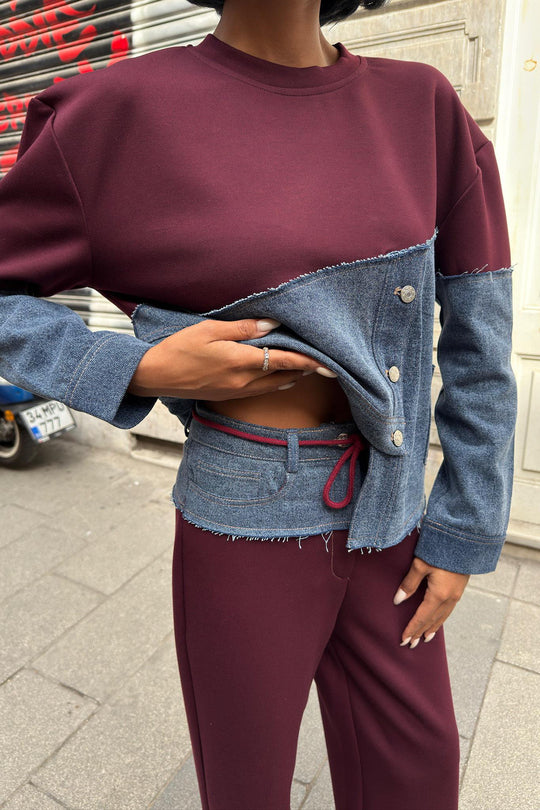 Kot Detaylı İki Renkli Modal Sweatshirt ve Geniş Paça Pantolon Takımı – Şarap Kırmızısı
