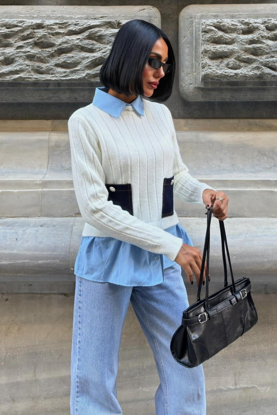 ✨ Poplin ve Denim Garnili Triko Kazak – Katmanlı Görünümlü Şık Günlük Kazak – Beyaz