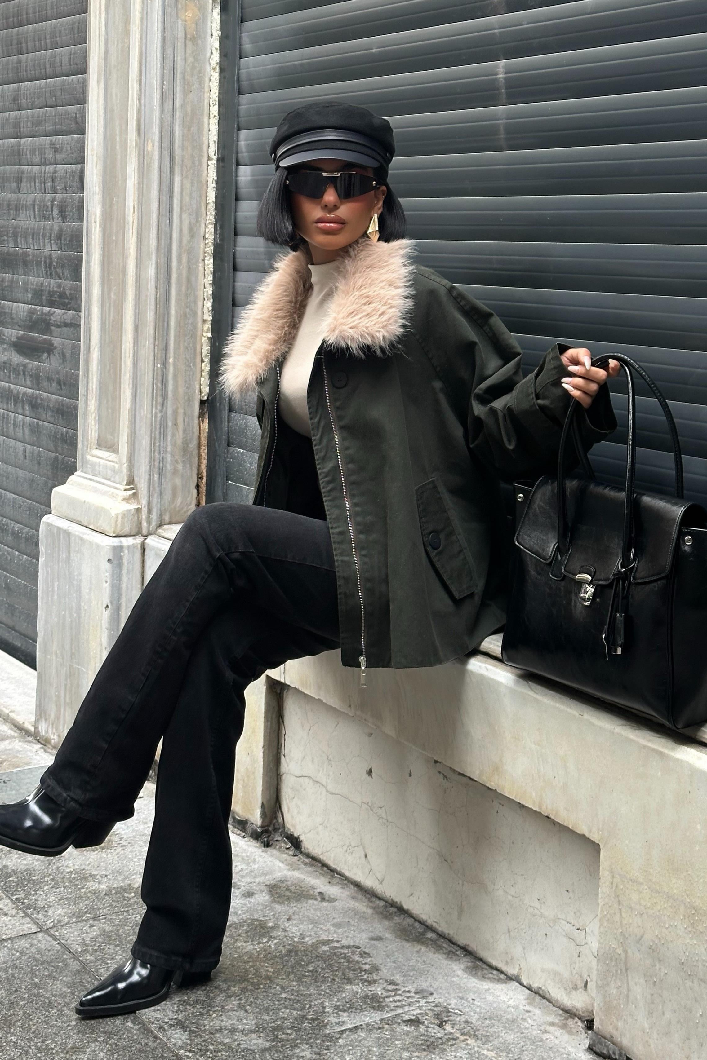 Kürk Yakalı Oversize Ceket – Premium Günlük Şıklık – Yeşil
