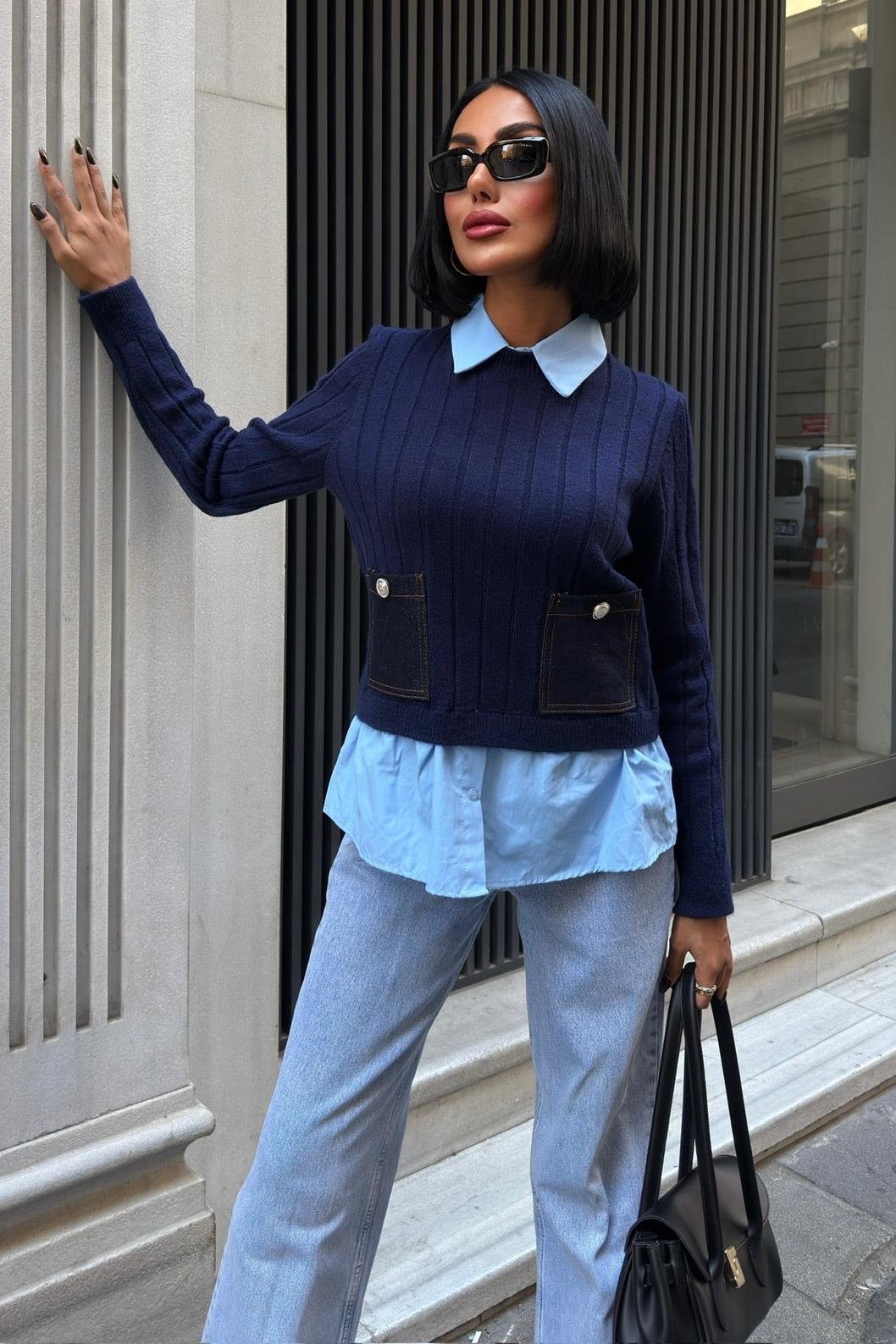 ✨ Poplin ve Denim Garnili Triko Kazak – Katmanlı Görünümlü Şık Günlük Kazak – Lacivert