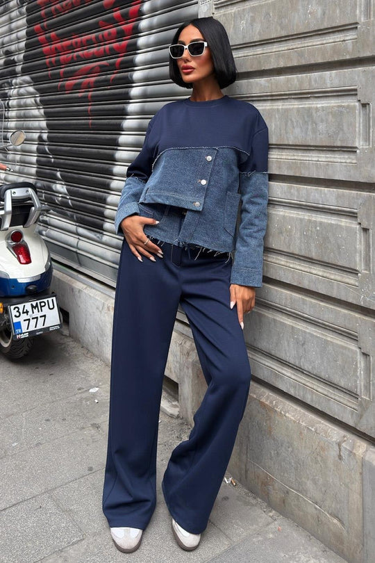 Kot Detaylı İki Renkli Modal Sweatshirt ve Geniş Paça Pantolon Takımı – Lacivert
