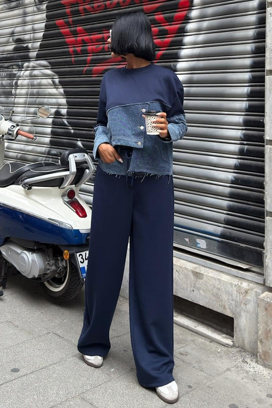Kot Detaylı İki Renkli Modal Sweatshirt ve Geniş Paça Pantolon Takımı – Lacivert