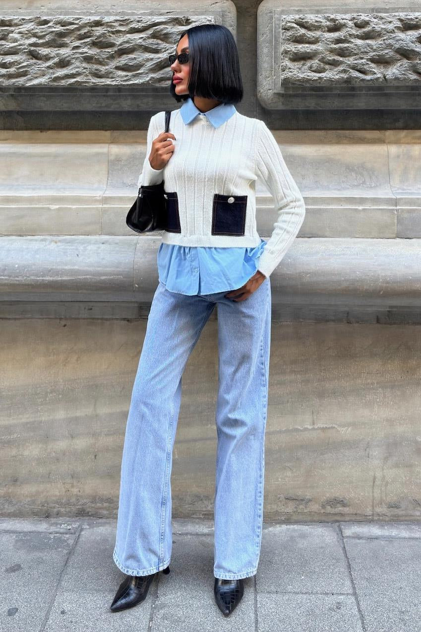 ✨ Poplin ve Denim Garnili Triko Kazak – Katmanlı Görünümlü Şık Günlük Kazak – Beyaz
