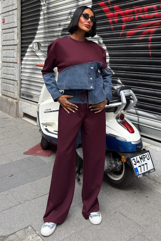Kot Detaylı İki Renkli Modal Sweatshirt ve Geniş Paça Pantolon Takımı – Lacivert