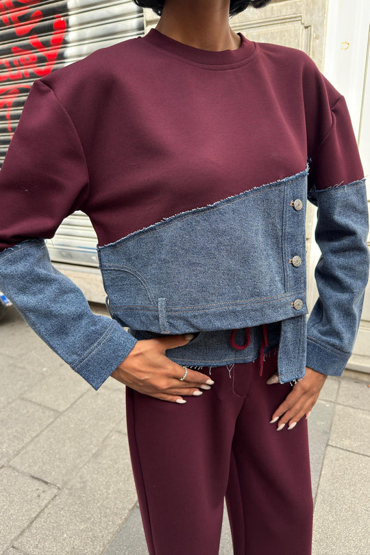 Kot Detaylı İki Renkli Modal Sweatshirt ve Geniş Paça Pantolon Takımı – Lacivert