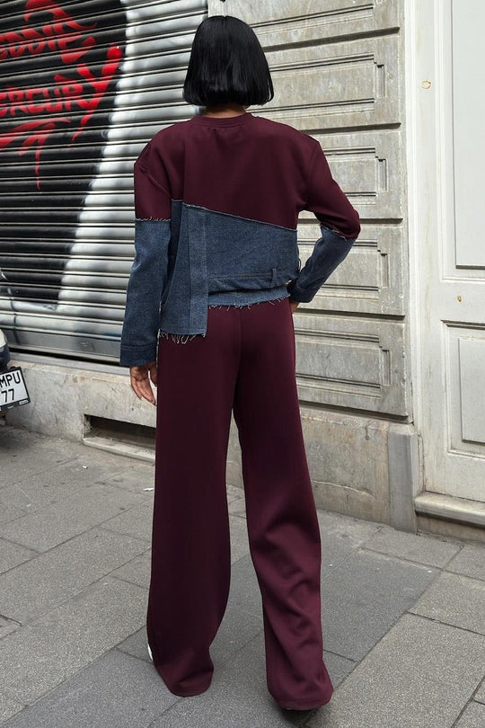 Kot Detaylı İki Renkli Modal Sweatshirt ve Geniş Paça Pantolon Takımı – Şarap Kırmızısı