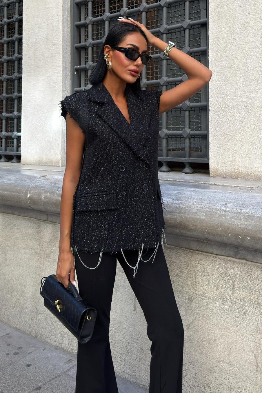 Parıltılı Tweed Kolsuz Blazer Yelek - Kruvaze Gösterişli Üst – Beyaz