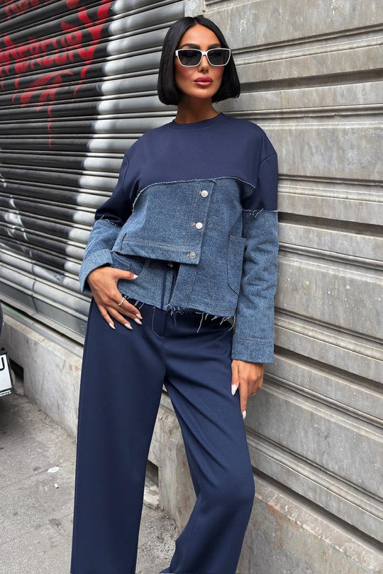 Kot Detaylı İki Renkli Modal Sweatshirt ve Geniş Paça Pantolon Takımı – Lacivert