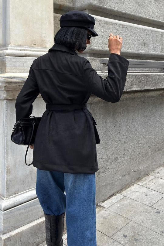 Kuşaklı ve Cepli Süet Gömlek Ceket – Şık Midi Kadın Ceket – Kahverengi