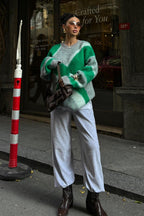 💚 Blok Desenli Neon Oversize Triko Kazak – Günlük Şık Triko