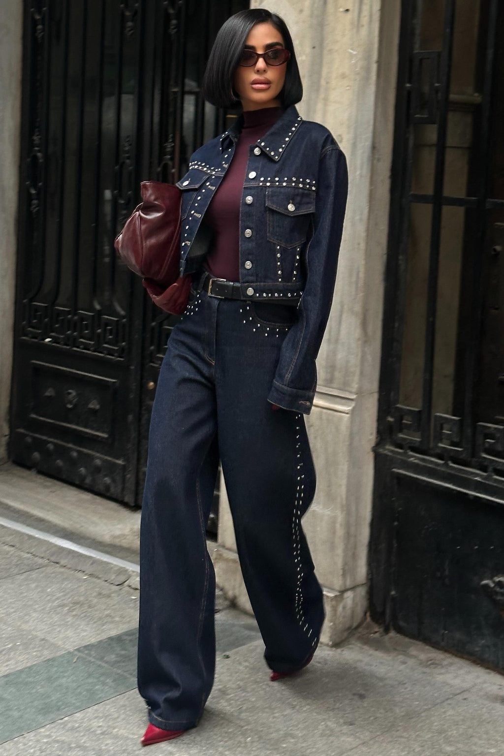 ✨ Taş Detaylı Denim Ceket ve Geniş Paça Pantolon Takım – %100 Pamuk Premium Takım