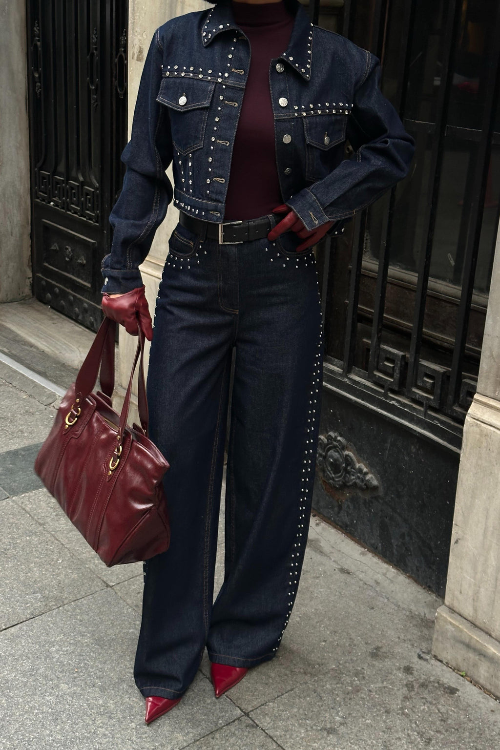 ✨ Taş Detaylı Denim Ceket ve Geniş Paça Pantolon Takım – %100 Pamuk Premium Takım