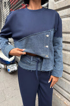 Kot Detaylı İki Renkli Modal Sweatshirt ve Geniş Paça Pantolon Takımı – Lacivert