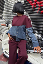 Kot Detaylı İki Renkli Modal Sweatshirt ve Geniş Paça Pantolon Takımı – Lacivert
