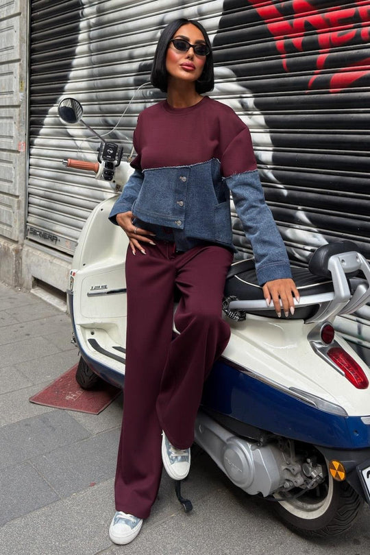 Kot Detaylı İki Renkli Modal Sweatshirt ve Geniş Paça Pantolon Takımı – Şarap Kırmızısı