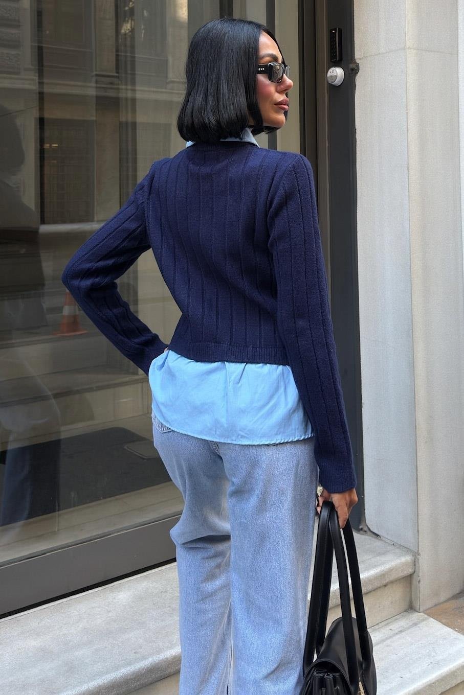 ✨ Poplin ve Denim Garnili Triko Kazak – Katmanlı Görünümlü Şık Günlük Kazak – Lacivert