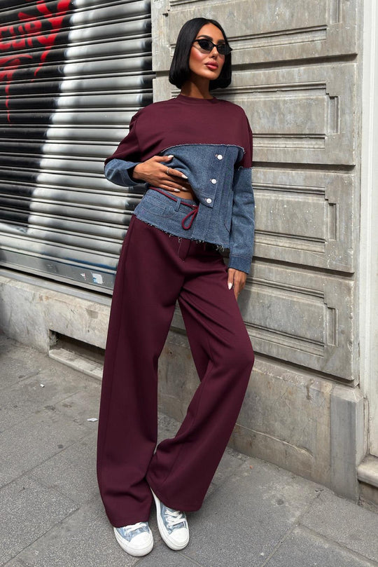Kot Detaylı İki Renkli Modal Sweatshirt ve Geniş Paça Pantolon Takımı – Lacivert