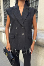Parıltılı Tweed Kolsuz Blazer Yelek - Kruvaze Gösterişli Üst – Beyaz