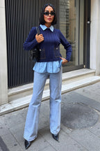 ✨ Poplin ve Denim Garnili Triko Kazak – Katmanlı Görünümlü Şık Günlük Kazak – Lacivert